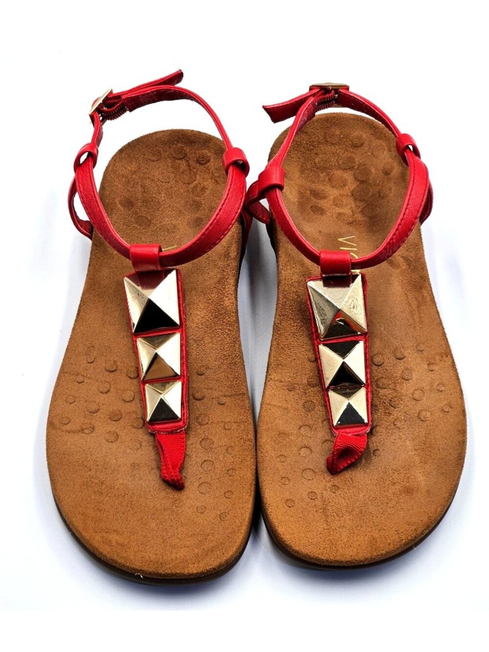 Vionic Women's Red Leather Gold Studded Nala T-Strap Sandal Size 7 2354 - Picture 9 of 16